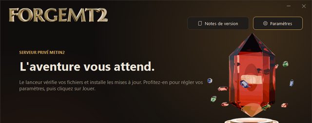 L'accueil du lanceur : le mot FORGEMT2 en or, le titre « L'aventure vous attend. », les boutons Notes de version et Paramètres, et le cristal rubis