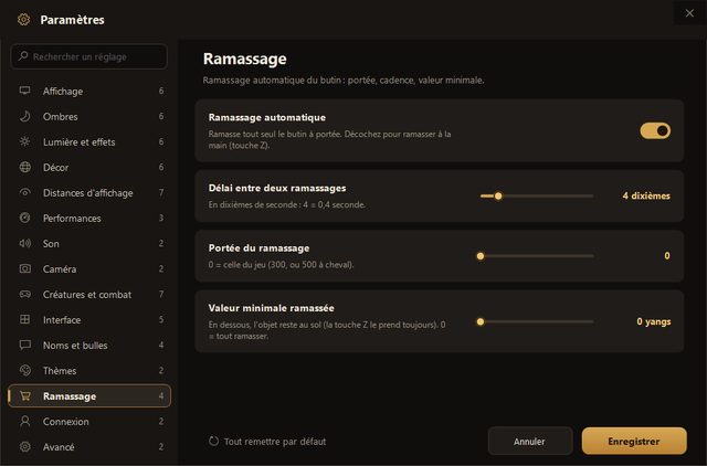 La catégorie Ramassage du lanceur : ramassage automatique, délai, portée et valeur minimale ramassée