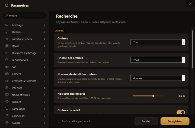 Les paramètres du lanceur : la recherche « ombre » liste les réglages d'ombre, les quinze catégories à gauche