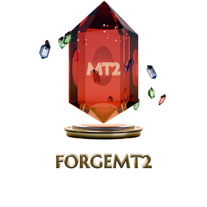Le logo ForgeMT2 : un cristal Metin rubis où brille MT2 en or, entouré d'éclats rouges, bleus et verts, posé sur un socle d'or